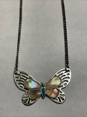Silver Butterfly Pendant Necklace with Iridescent Shell Inlay